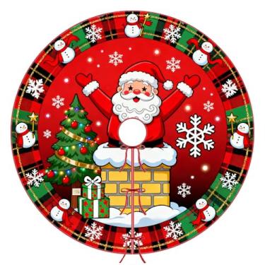Imagem de Saia de árvore de Natal com flocos de neve de Papai Noel, borda xadrez vermelha e verde, boneco de neve, decoração de tapete de pelúcia macia 91 cm para casa, fazenda, ambientes internos e externos