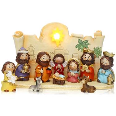 Imagem de Conjunto de 11 mini presépio de Natal para pessoas pequenas, presépio com manjedoura em miniatura leve, 10 estatuetas reorganizáveis, estatuetas religiosas, decoração de mesa cristã (colorida)
