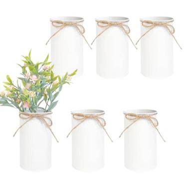 Imagem de Vaso de mesa de centro de mesa de 15 cm, potes rústicos de pedreiro com laço de barbante, recipiente vintage de metal galvanizado para decoração de casa de casamento (branco, 6 peças)