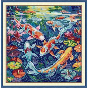 Imagem de Threadhaven Kit de ponto cruz contado Tecido Aida 14CT com linhas, agulhas e guia | Kit de bordado de padrão de costura animal para adultos | Kit de artesanato DIY premium - Koi 4 35 cm × 37 cm
