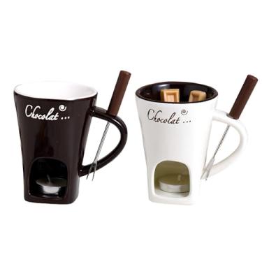 Imagem de Fondue de Chocolate Ideal, Canecas Fondue Cerâmica 2 Peças, Conjunto Aquecido de Vela, Garfos 2 Inclui Aço Inoxidável, Escolhas Marrom e Branco