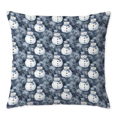 Imagem de Welshower Capas de almofada de árvore de inverno azul e cinza com boneco de neve 45,7 x 45,7 cm, decorações de Natal com boneco de neve, para decoração de inverno, inverno, Natal, para sofá, quarto