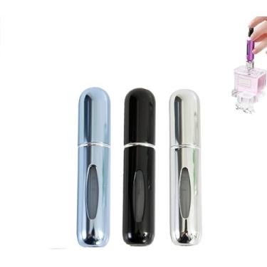 Imagem de Pacote com 3 atomizadores de perfume de 10 ml, refil inferior, frasco portátil de spray de viagem, bomba automática de névoa fina, mini pulverizador de perfume à prova de vazamento, preto + azul +