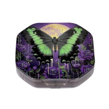 Imagem de Caixa de comprimidos pequena com 4 compartimentos, borboleta, roxo, rosa, lua, impermeável, durável, organizador de comprimidos de viagem, diário, portátil, suplementos de óleo de peixe e vitaminas