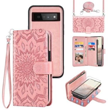 Imagem de Capa de telefone para Google Pixel 6 Pro com zíper carteira magnética destacável com protetor de tela alça transversal alça de flor flip porta-cartão slot Pixel6Pro Pixel6 XL 6XL Pixle 6Pro 5G ouro