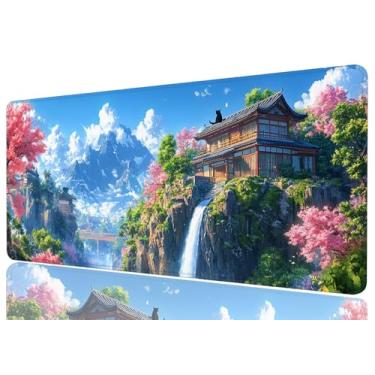 Imagem de Tapete de rato grande japonês Fuji Mountain Gato Preto Cachoeira Tapete de rato XL Grande Gaming Mouse Pad Laptop Tapete Teclado Mesa Escritório Computador Teclado Laptop Casa, 31,5 x 11,8 polegadas