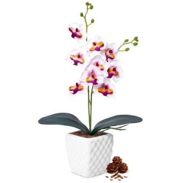 Imagem de Orquídea Artificial Realista com Vaso Arranjo de Flor Artificial Decoração de Mesa e Escritório(Branco-Roxo)
