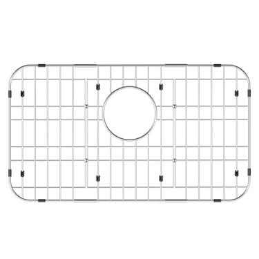 Imagem de Protetor de grade de pia de aço inoxidável para parte inferior da pia da cozinha, grade de pia de cozinha de metal de 58 x 33 cm com ralo centralizado, rack de pia de canto curvado com filtro de pia