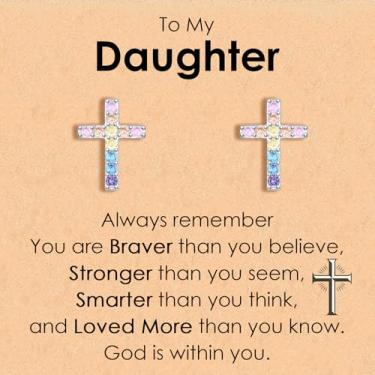 Imagem de CERSLIMO Brincos de cruz presentes para filha, confirmação cristã, comunhão, batismo, católico, religioso, Natal, aniversário, presentes inspiradores para meninas, crianças, adolescentes e