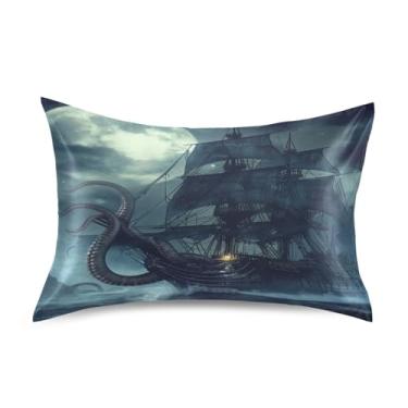 Imagem de Blueangle Fronha de cetim navio pirata para cabelo e pele, fronha de seda, tamanho Queen (50,8 x 76,2 cm) - Capas de almofada de cetim com fecho de envelope (572)