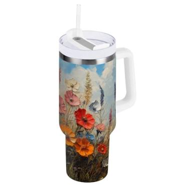 Imagem de ATTX Copo de pintura a óleo de flores silvestres de 850 g com alça, copo de aço inoxidável a vácuo de parede dupla com palha, caneca de café de viagem isolada #282