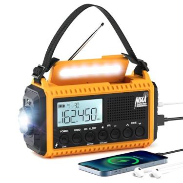 Imagem de Rádio meteorológico de emergência automático NOAA, rádio de manivela solar, rádio de emergência portátil operado por bateria com ondas curtas AM FM, carregador USB, lanterna de LED, relógio, alerta