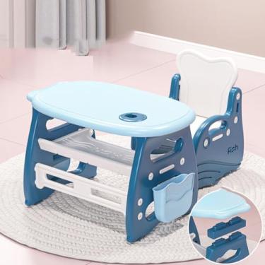 Imagem de Yadlan Conjunto de mesa e cadeira infantil de 1 a 12 anos, mesa de estudo com altura ajustável para crianças, mesa infantil com armazenamento, bolsa lateral e suporte para caneta, mesa de trabalho