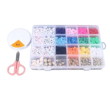 Imagem de Kit de contas de argila para fazer pulseiras, contas de argila de polímero de 12 cores, acessórios de joias DIY com caixa de armazenamento, 24 grades, contas redondas planas de 6