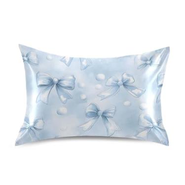Imagem de SEHANY Capas de almofada de seda Blue Bow para cabelo e pele, capas de almofada de cetim respiráveis macias e refrescantes com fecho de envelope, tamanho king (50 x 66 cm)