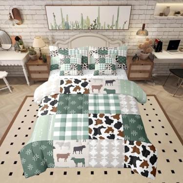 Imagem de Jogo de cama de caubói com 7 peças, de couro bovino, quadriculado, listras rústicas, asteca, marrom, verde, edredom queen com edredom, lençol de cima, 2 fronhas, 2 fronhas