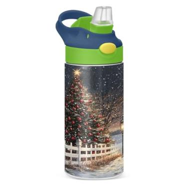 Imagem de YETTASBIN Garrafa de água de árvore de Natal para crianças, 340 g, à prova de vazamento, parede dupla, isolada, copo de viagem com tampa de canudo para meninas, meninos e crianças