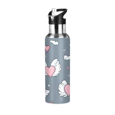 Imagem de Wassud Garrafa de água esportiva de aço inoxidável com corações de desenho animado voando, garrafas de água isoladas com palha, copo portátil para viagem, 946 ml