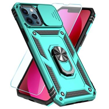 Imagem de SunStory Capa compatível com iPhone 13 Pro Max com protetor de tela HD e capa de câmera deslizante e suporte de anel girado, [grau militar] capa de telefone para iPhone 13 Pro Max (azul-petróleo)