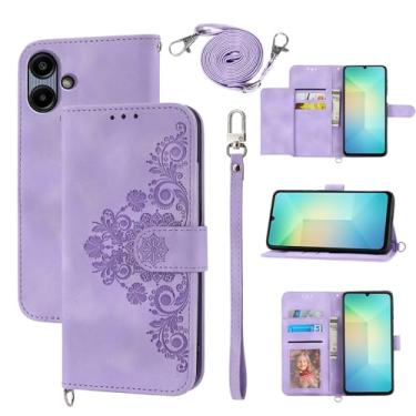 Imagem de Dswteny Capa carteira para Samsung Galaxy A06/A07 com alça de pulso, alça de ombro transversal, capa de celular flip de couro em relevo para AO6 5G/AO7 4G A 06 07 LTE mulheres meninas roxo