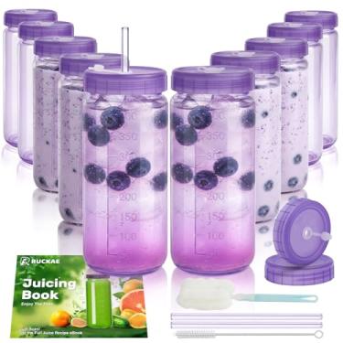 Imagem de Ruckae Garrafas de vidro de 473 ml com escala dupla - pacote com 10 garrafas de vidro reutilizáveis com tampas e canudos para sucos, vitaminas, água, recipientes de suco de kombucha para cozinha