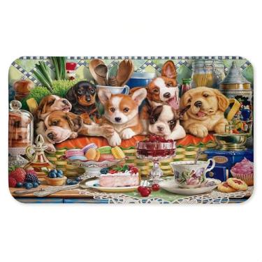 Imagem de Tapete antifadiga Puppies In Basket Tea Party, tapete ergonômico acolchoado para cozinha e pé com suporte antiderrapante, tapete confortável ecológico, design da Image World, 76 cm x 45 cm