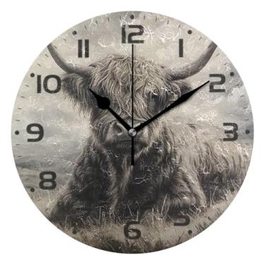 Imagem de Qilmy Relógio de parede vintage highland cow, moderno, pequeno, 25 cm, operado por bateria, silencioso, sem tique-taque, relógio decorativo para casa, escritório, escola, quarto, banheiro e cozinha