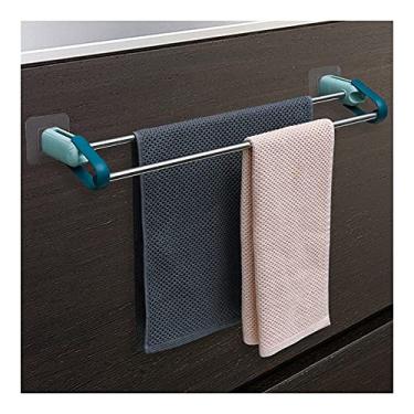 Imagem de uhyOHF Toalheiro para banheiro, sem perfuração barra de suporte duplo ajustável, acessórios de banheiro autoadesivos montados na parede de aço inoxidável branco (azul duplo-47,5 x 10,5 cm