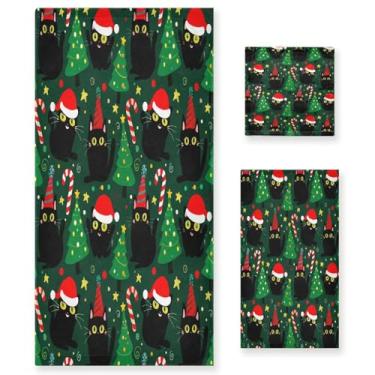 Imagem de Qilmy Conjunto de toalhas de gato de árvore de Natal de 3 peças, conjunto de toalhas decorativas de banheiro macio absorvente com toalha de banho, toalha de mão e toalha de banho
