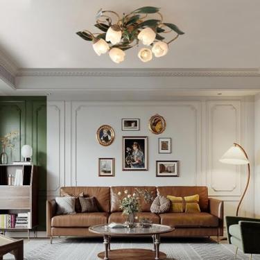 Imagem de Lustre de bronze para sala de jantar, estilo retrô, com soquete E14, 6 lâmpadas, luminária de teto antiga com cúpula de vidro, lustre industrial para sala de estar, quarto, cozinha e ilha.