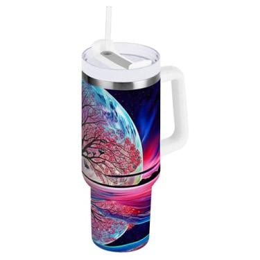 Imagem de Copos de árvore abstrata com isolamento duplo com alça e tampa de canudo para água, copo isolado 850 g / 0,89 L