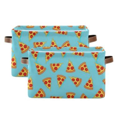 Imagem de Cestas para organização – Caixas organizadoras de lona de 36 cm x 26 cm para prateleira de armário e organização doméstica, desenho animado, pizza, azul, pacote com 2