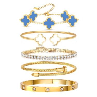 Imagem de Arthur Liu Conjunto de 5 pulseiras empilháveis de flores da sorte, One Size, Aço inoxidável, Zircônia cúbica