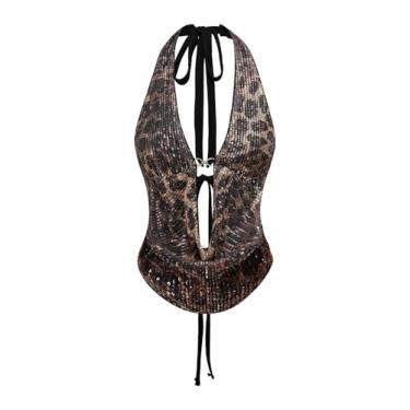 Imagem de Top frente única de lantejoulas com estampa de guepardo e amarração nas costas