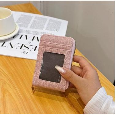 Imagem de Carteira feminina de couro genuíno com dobra dupla/tripla - Suporte minimalista para cartão de crédito com bloqueio de RFID e bolso para moedas, rosa, Casual