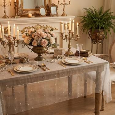 Imagem de Horaldaily Toalha de mesa branca pérola branca de gaze 152 cm × 152 cm, gaze de renda de tule para primavera, verão, toalha de mesa de chá de noiva para decoração de mesa de aniversário de casamento