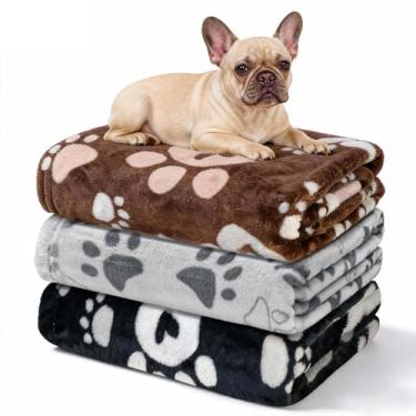 Imagem de Gowyeg Cobertores de flanela premium para cães e gatos grandes lavável, capa macia para cama de gaiola de canil, estampa de pata fofa, 104 x 78 cm, 2preto/1 cinza