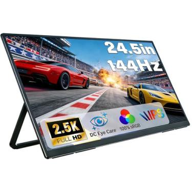 Imagem de AHXJKA Monitor portátil de tela grande de 24,5 polegadas com suporte, tela IPS 2560 x 1600, monitor de jogos de 144 Hz, extensor de tela de computador com alto-falantes integrados - compatível com