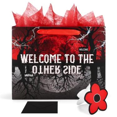 Imagem de Conjunto Sacolas Lembrancinhas Bem-Vindo ao Outro Lado, Tema Estranhos Sacolas Lembrancinhas com Cartão Felicitações Envelope e Papel Crepom para Festa Mundo Invertido e Decoração Halloween