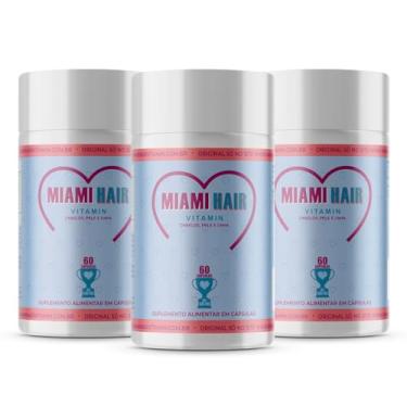 Imagem de Vitamina para Cabelo Pele e Unha - Super fórmula americana MIAMI HAIR VITAMIN Biotina, Cisteína, Vitamina B7, B12, Ácido Fólico, Ferro e zinco Cabelos Forte e Saudável 3 POTES Kit Crescimento Intenso