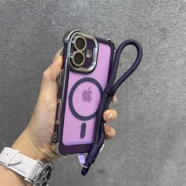 Imagem de Capa com cordão de duas cores para iPhone 16, 15, 14 Pro Max Plus, 12, 13, 11, alça de pulso, airbag, capa transparente, roxa, para iPhone 16 Plus