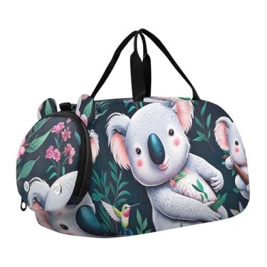 Imagem de Bolsa esportiva de viagem para o fim de semana com textura de mármore azul dourada para meninos, Coalas fofo beija-flor floral, Clássico