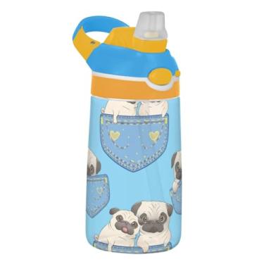Imagem de Garrafa de água infantil portátil de 473 ml Tritan Sports com canudo à prova de vazamento, reutilizável para crianças, alça de transporte, fofo desenho animado pugs azul