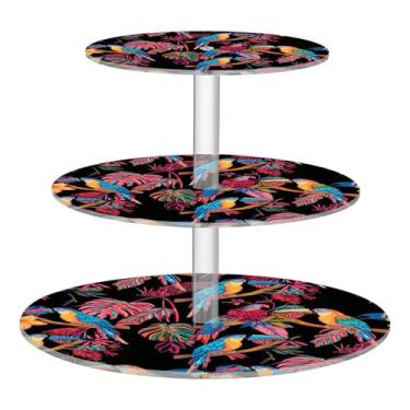 Imagem de Pássaros tropicais folhas coloridas preto chá festa cupcake suporte redondo 3 camadas copo acrílico bolo torre exibição mesa deserto sobremesa suporte decoração chá festa casamento