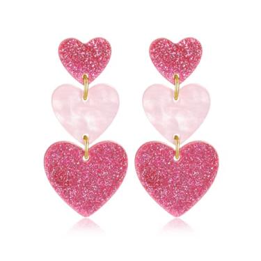 Imagem de Brincos femininos de coração de Dia dos Namorados, brincos pendentes de glitter rosa de camada tripla, presente de joia para namorada e esposa, Regular size, Acrílico, Sem pedra preciosa