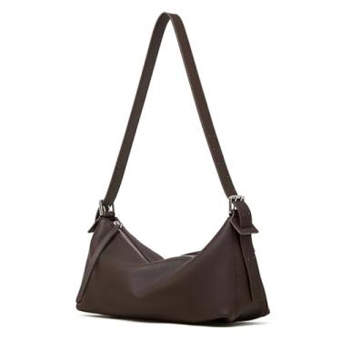 Imagem de Bolsa Hobo de couro curtido vegetal para mulheres, bolsa tiracolo grande estruturada macia nas axilas com alça larga ajustável, bolsa tiracolo de couro marrom café