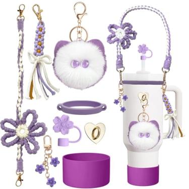 Imagem de Acessórios Stanley Cup, um conjunto com elementos florais, incluindo uma capa de palha, uma capa de silicone, uma alça de alça de garrafa de água e um ornamento Stanley Cup, adequado para copos