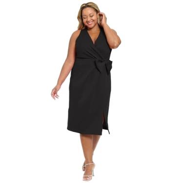 Imagem de London Times Vestido midi feminino elegante sem mangas com decote em V para convidados de casamento e coquetéis, Preto, 54