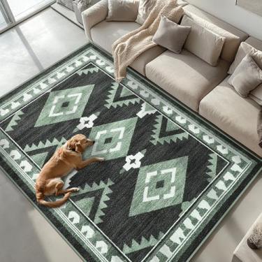 Imagem de Tijuboni Tapetes ocidentais antiderrapantes para sala de estar, tapetes do sudoeste para sala de jantar, cozinha, quarto, berçário, suporte de borracha lavável, 4 x 6 asteca preto-branco-verde