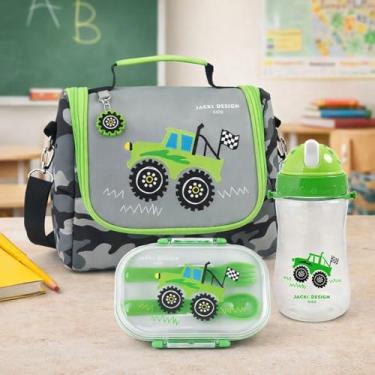Imagem de Kit Bolsa Térmica Infantil e Marmita Lancheira com Garrafinha Para Merenda, Escola, Piquenique Passeio e Diversão Alegria das Crianças (Verde Trator)